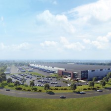 rendering of the kingsland meadowland brownfill industry project, a light-filled building situated in the meadowlands wetlands in north jersey