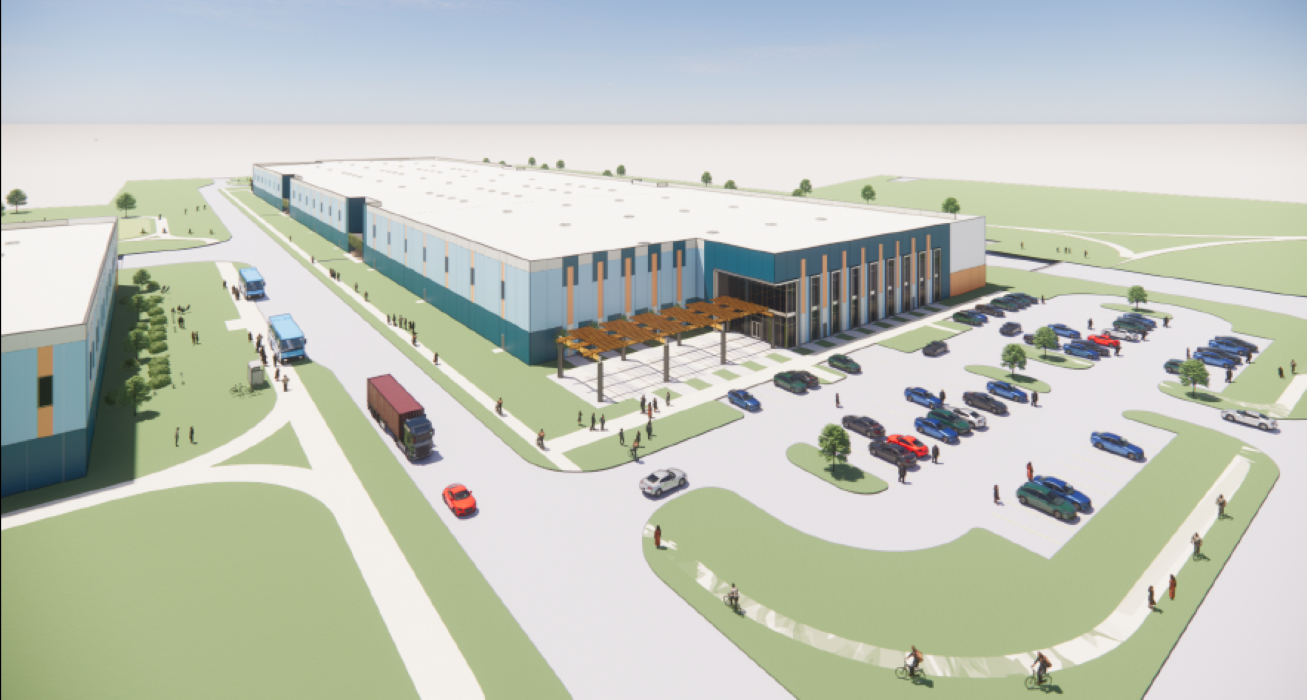rendering of the entry sequence to one of the buildings on this wellness-focused industrial park campus